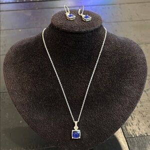 NRT Signed Silver Tone Blue Rhinestone Pendant Necklace & Earrings Jewelry Set